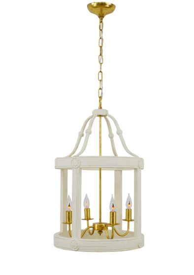 Round Wood White/Gold Lantern