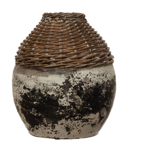 Handwoven Rattan & Clay Vase